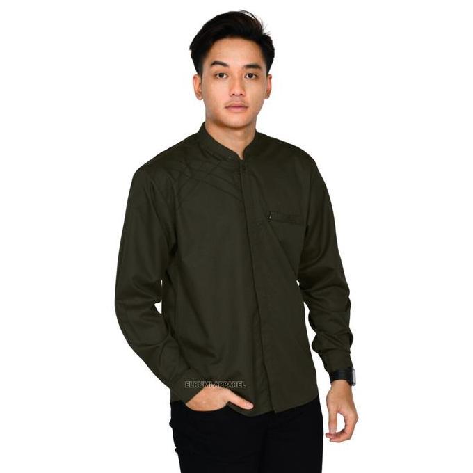 DISKON ELRUMI BAJU KOKO PRIA LENGAN PANJANG WARNA HIJAU OLIVE BAHAN KATUN TOYOBO PREMIUM MOTIF MARVE