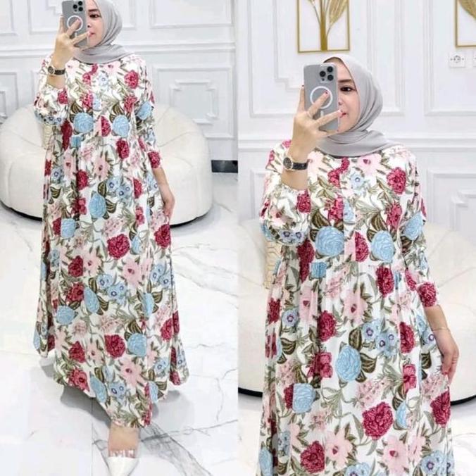 DISKON KOLINDA MIDI DRESS RAYON MOTIF WANITA LENGAN PANJANG MUSLIM