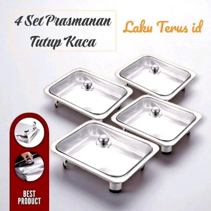 LT Prasmanan 4Pcs Full Tutup Kaca Nampan Bahan Stainless steel Premium