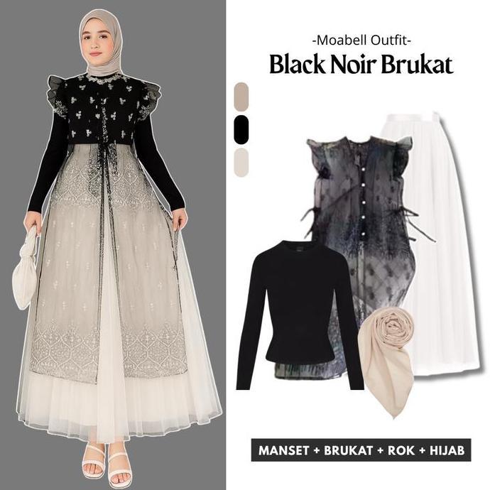 Black Noir Brukat One Set Kondangan 3in1 Setelan Wanita Kekinian Brokat Tile Long Vest Rok Tutu Puti