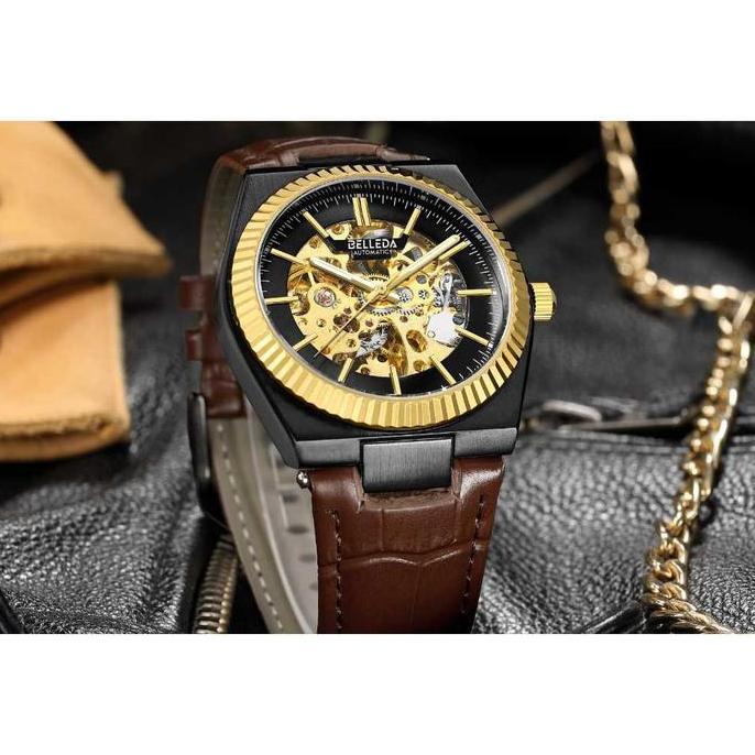 DISKON JAM TANGAN BELLEDA  jam tangan Kasual Pria BELLEDA 9542 KULIT Automatic Watches
