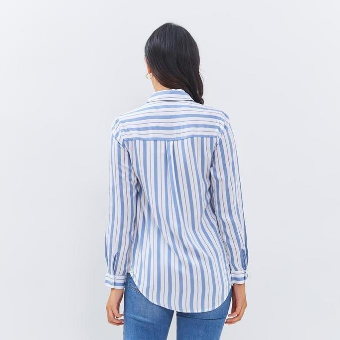 C2 Efadne Blue Kemeja Casual Wanita Lengan Panjang Motif Garis