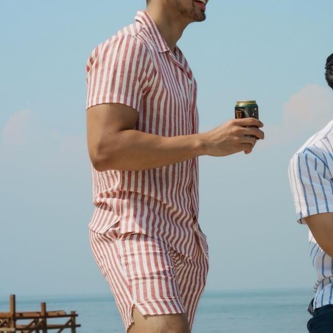 Remedy Setelan Kemeja Celana Pendek Linen Pria Warna Merah Garis - Splitz Linen Set