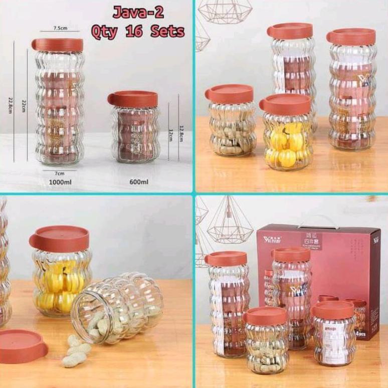 Toples kaca set isi 4 / toples JAVA kaca 4in1 / toples lebaran kaca / toples kue kering