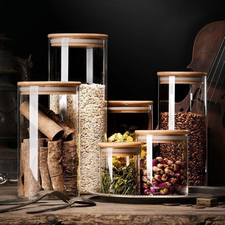 ASHOME Toples Kaca Makanan Bulat Dengan Tutup Kayu / Toples Snack Kaca / Snack Jar Kaca / Toples Mak