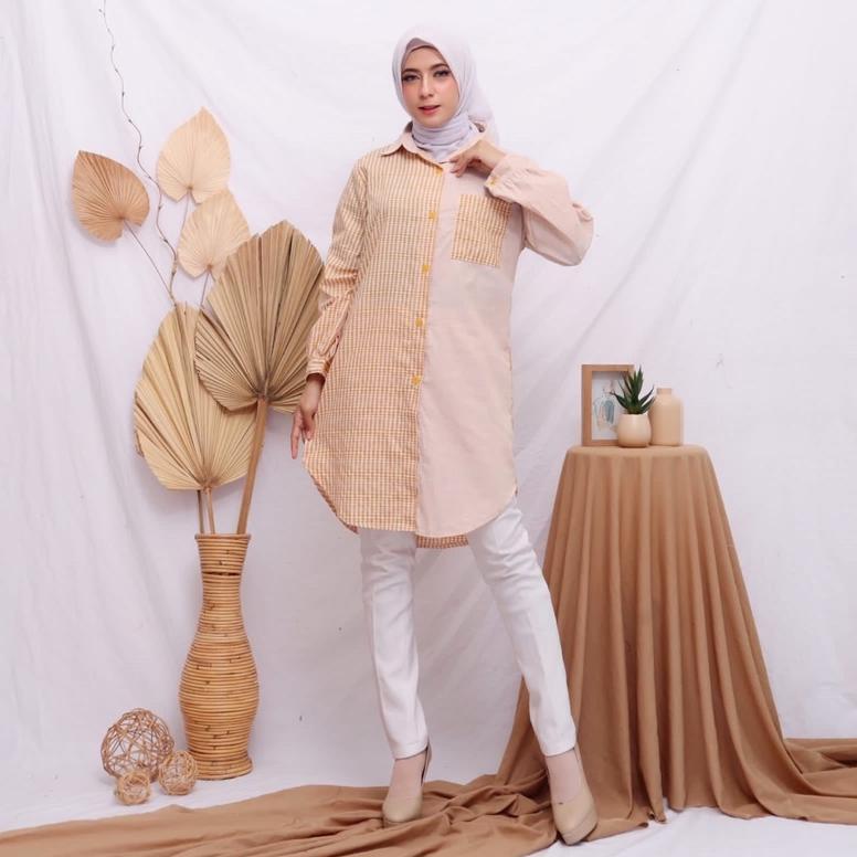 Tunik Katun Kombinasi Motif Kotak Dan Polos Lengan Panjang