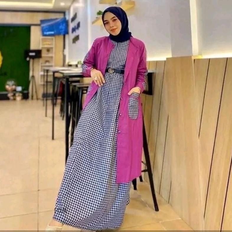 Baju Gamis Wanita Ahza Set Bahan Linen Rami Mix Katun Kotak Dress Set Rompi Wanita