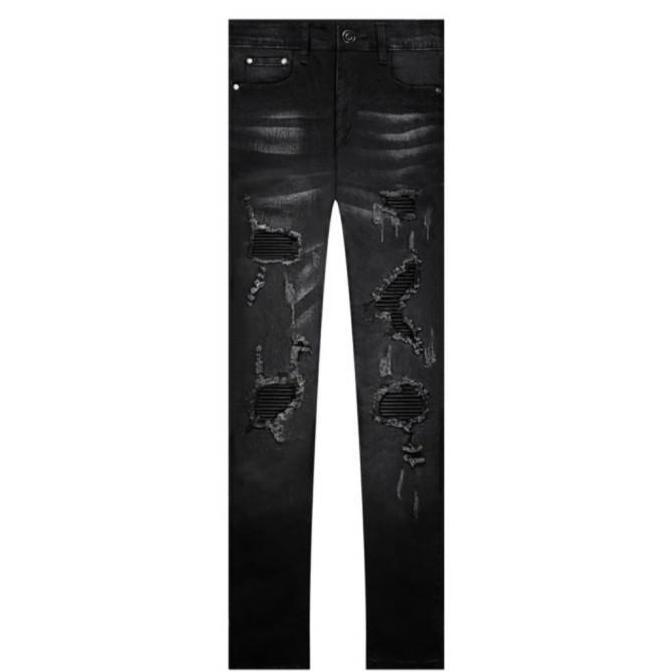 Celana rucas caviar leather jeans denim hitam distro panjang sobek ori