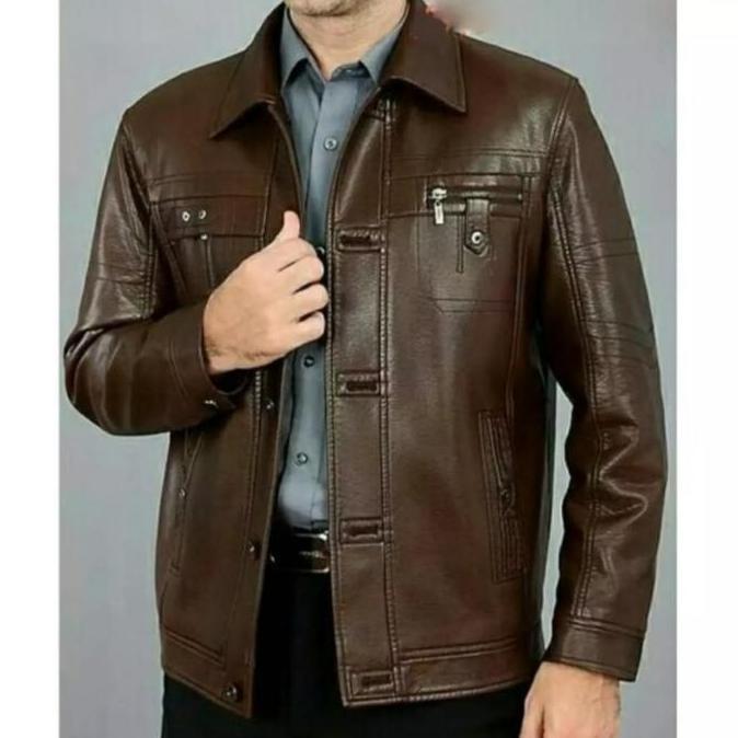 jaket kulit pria model semi formal warna coklat tua asli kulit domba
