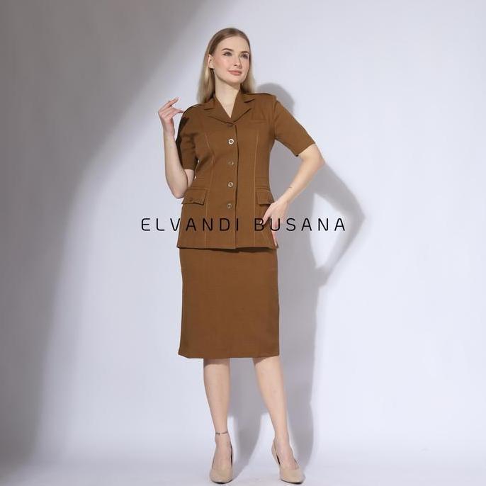 Setelan Jas Wanita Blazer Model Tiga Saku Khaki Tua Seragam Guru Baju PNS & Pemda - 6605 Setelan Cel