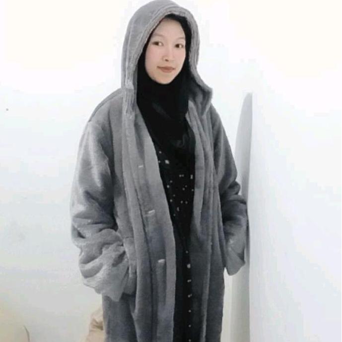 BEST SELLER JAKET COAT MUSIM DINGIN WANITA KOREAN STYLE BULU MEMBER TEBAL PANJANG HITAM - OUTER, VIN