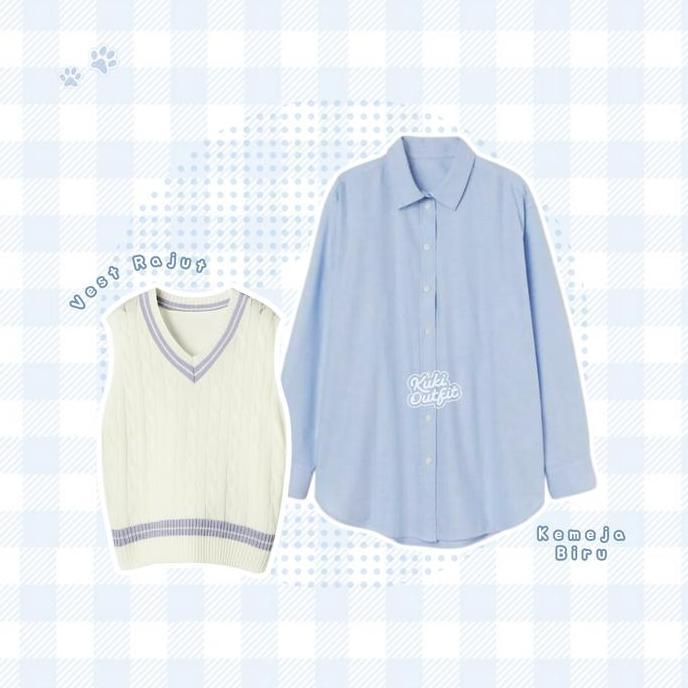 KUKI OUTFIT - Sean Baju One Set Wanita (Kemeja, Vest Rajut BKK, Celana Jeans) Korean Style Rompi Set