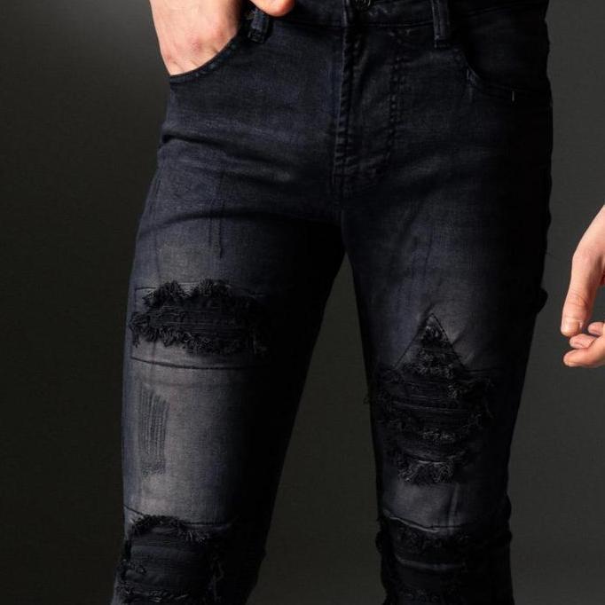 Weird Jeans - Austin Black - Celana Jeans Pria Slimfit Strech Ripped Tambal Denim Nyaman Stretch