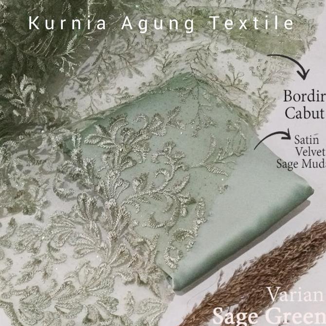 Promo  Kain Brokat Modern Motif Cabut Warna Sage Green + Furing Satin Velvet