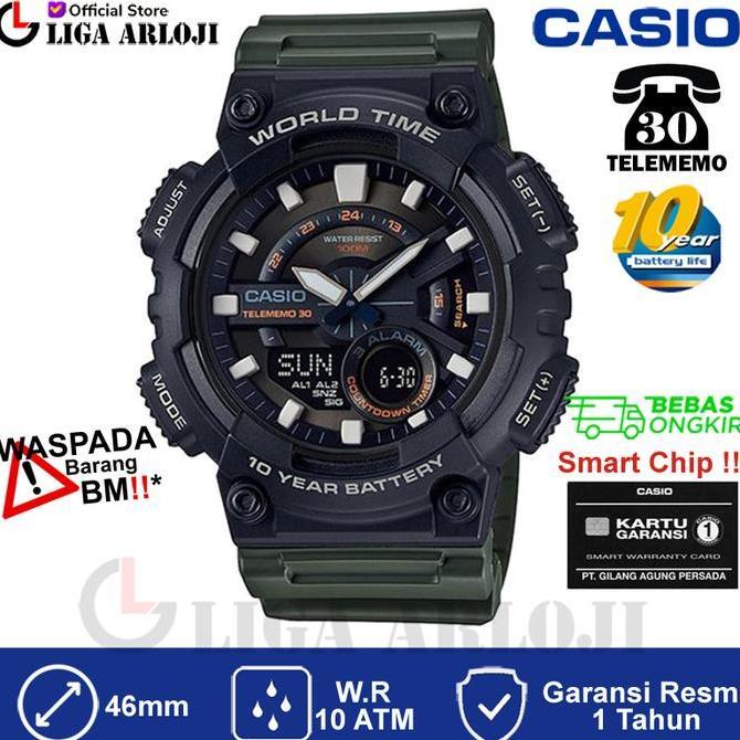 Casio Aeq-110W-3Avdf Jam Tangan Pria Hijau Army Aeq110W Aeq-110W-3A Aeq 110W 3Avdf
