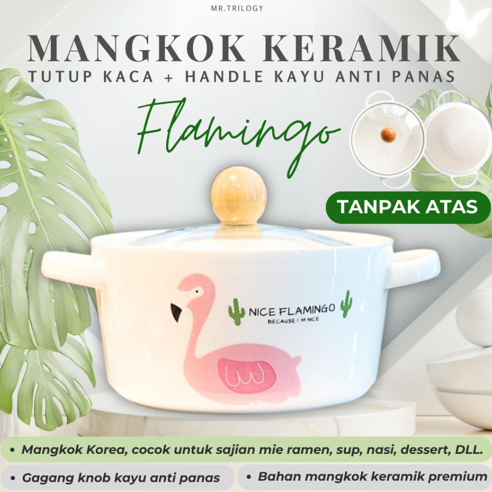 Mangkok Korea Aesthetic Mangkok Keramik Tutup Kaca Flamingo Handle Tahan Panas 800ML Kado Lucu Mangk