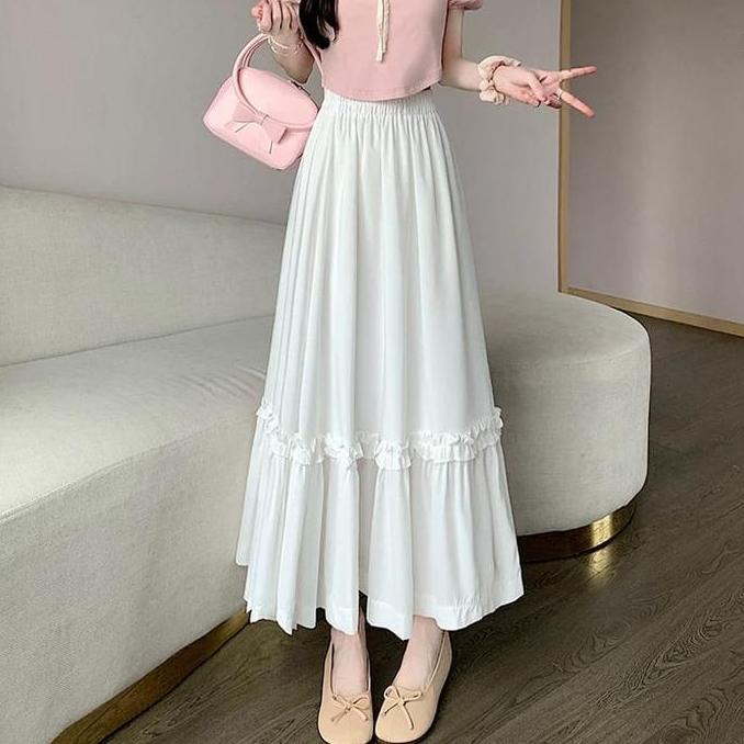 Rok Panjang Putih Wanita Korean Style Bahan Polo Linen Lembut