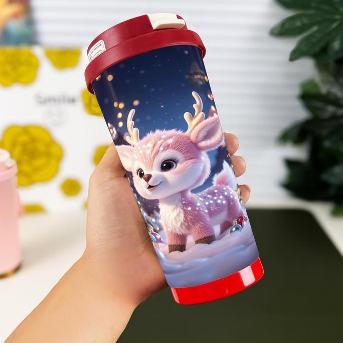 Tumbler Cangkir Termos Motif Rusa Imut Dengan Tanduk Kecil Christmas 500Ml - Motif Rusa Imut Dengan 