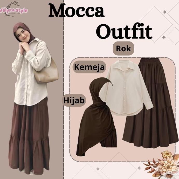 OOTD Wanita Rok Style ( Kemeja Basic , Rok Susun , Pasmina Jersey ) OOTD Kekinian VS2Q Atasan