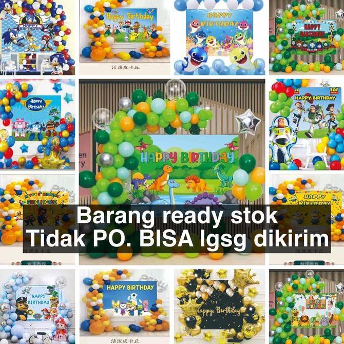 Paket balon backdrop ready stock karakter pororo/hotwheels/pokemon/boboiboy/avengers/shark/transform