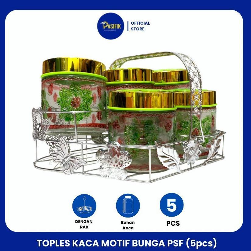 TOPLES KACA MOTIF BUNGA DENGAN RAK / TOPLES KACA LEBARAN ( ISI 5 ) CANISTER Terbatas