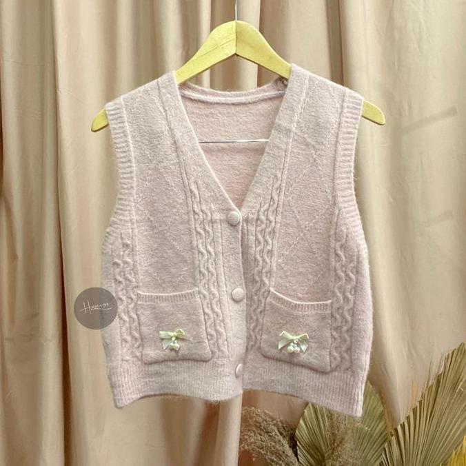 Haseena Vest Knit Shania Rompi Saku Pita Outer V Neck RajutHalusWanita