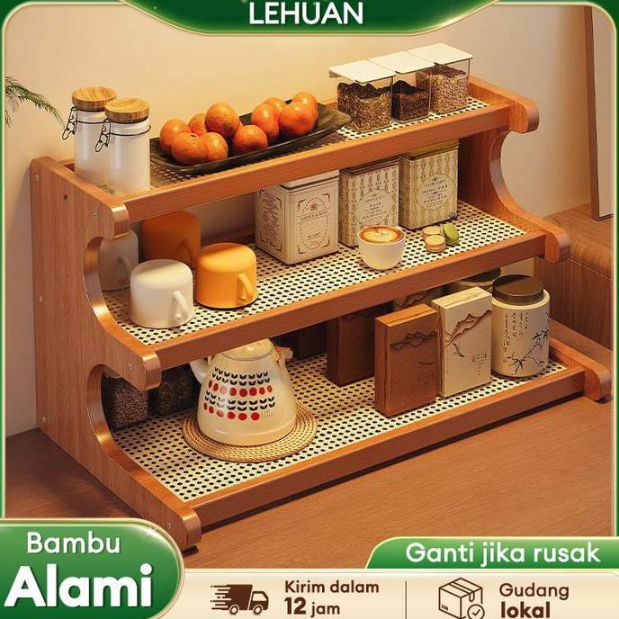 ferdyshops - lh-rak kecil meja anyaman rotan rak kayu aesthetic rak susun minimalis rak bumbu dapur 