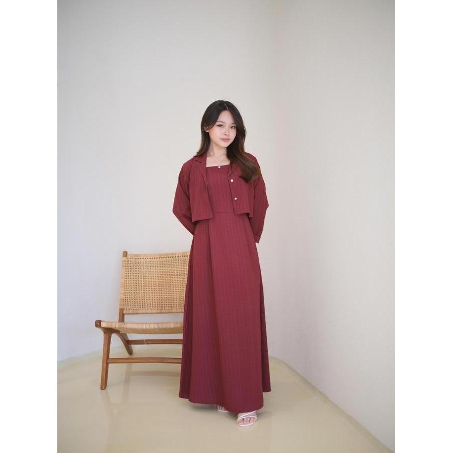Nara Long Dress One Set Blazer / Casual Dress Wanita Pinggang Karet / Gamis Dress Blazer