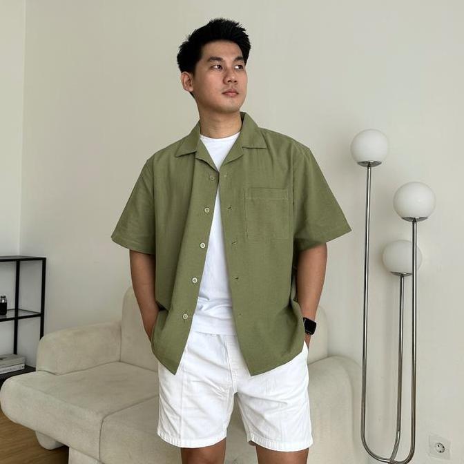 COZYCLUB CUBAN BOWLING Shirt Linen Premium | Kemeja Bowling Kerah Terbuka Lengan Pendek Baju Dark Gr