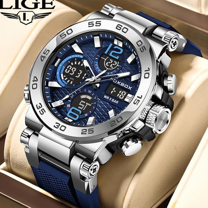 LIGE Jam Tangan Kuarsa Pria Tampilan Ganda Digital Modis Jam Tangan Kuarsa Olahraga Kronograf Otomat