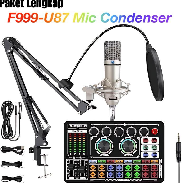 Paket Lengkap F999-U87 Soundcard  Mic SET Dengan braket kantilever komplit peralatan live streaming
