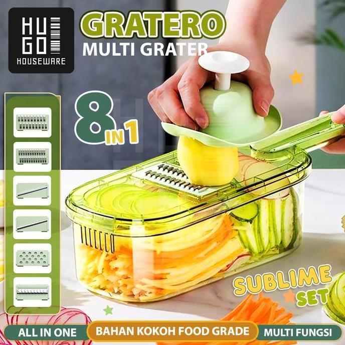 HUGO Parutan Sayur dan Buah 8 in 1 Parutan Serbaguna Pemotong Iris Sayur dengan Wadah Premium Qualit