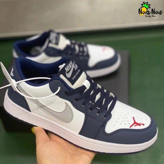 Sneakers NlKE AlR JORDAN 1 Low Navy Silver Sepatu Pria Wanita Import