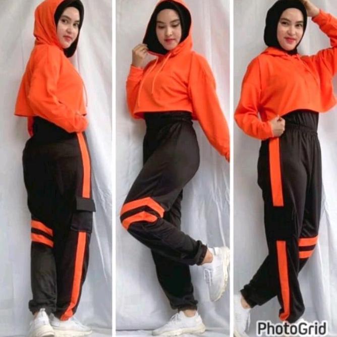 Setelan Cargo Sport Crop Jacket Hoodie Untuk Senam Gym Fitness Zumba Wanita