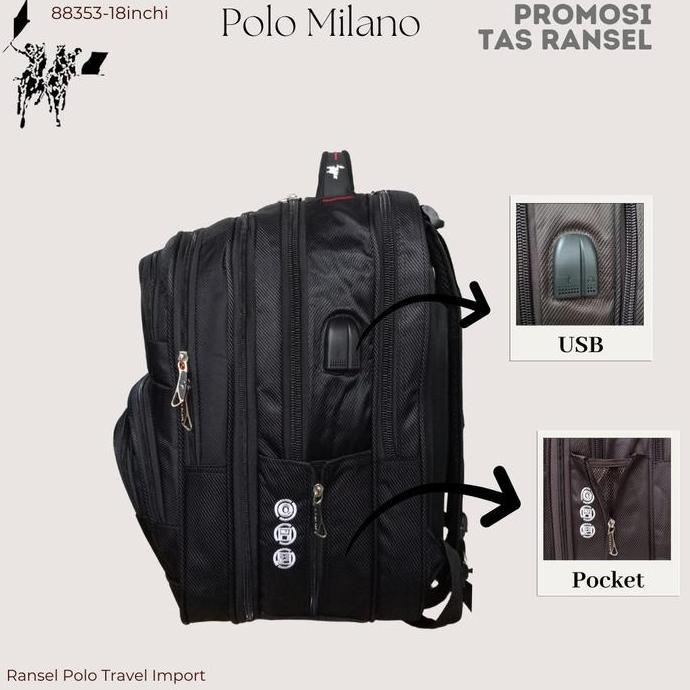 Tas Ransel Pria Import POLO MILANO 88353 ORINAL Ransel Anti Air EXPANDABLE hitam