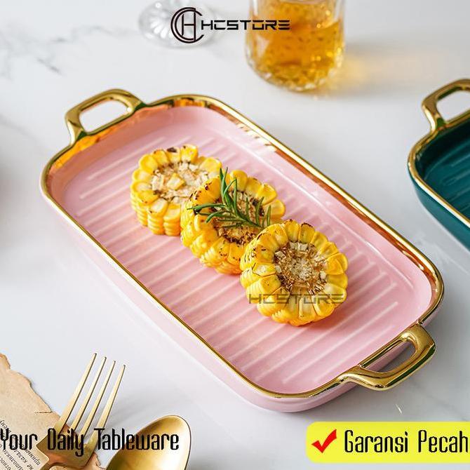 Terpopuler- Hcstore Piring Saji Persegi Panjang Gagang Gold Ukuran 30Cm Hampers Keramik Kitchenware