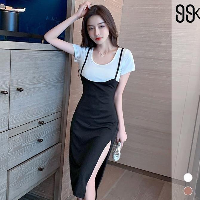 Sendtoday- Big Size One Set U Neck Crop Tee Top + Bodycon Midi Dress With Side Split 1330 (S/M/Xl/Xx