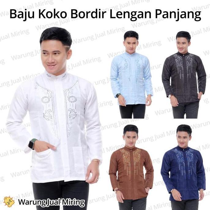 Baju Koko Lengan Panjang Bordir Klasik Kemeja Formal Kantong Polos Dobby Kokoh Tangan Adem Dewasa Pr