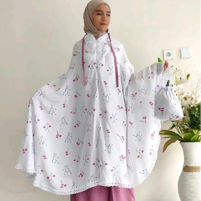 BEST SELLER MUKENA RAYON PUTIH MOTIP MODEL RESLETING DAGU ( 2 IN 1 ) FREE TAS CANTIK