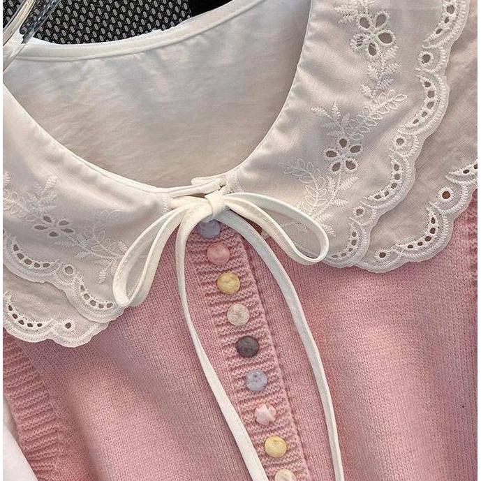 GS - Atasan Vest Rajut Kemeja Satu Set Korea Fashion Girly OOTD | Rajutwear Cute Pita Pita Kerah Ren