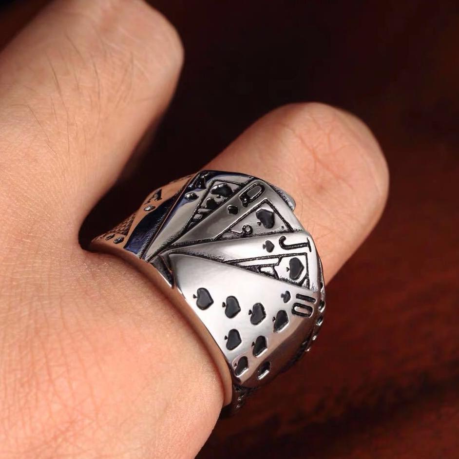 Cincin Kartu Remi S990 / Cincin Motif Kartu Poker Sekop Warna Silver Bahan Perak Sterling Awet Kokoh