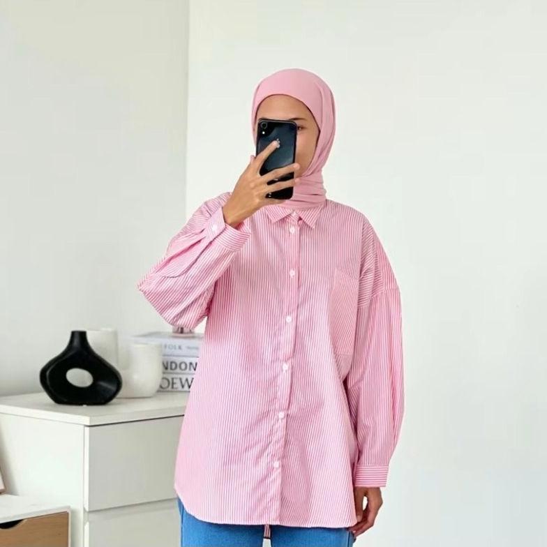 LIMITED DEAL Kemeja Salur Oversize | Atasan Wanita Bahan Salur Oversize jumbo