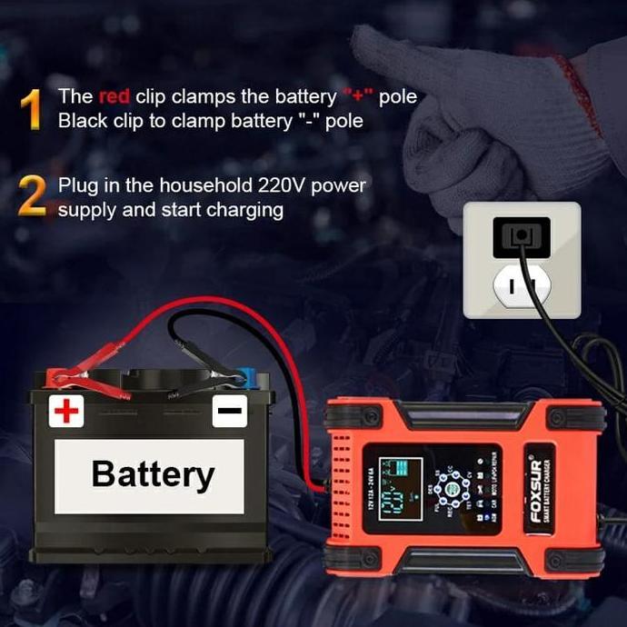 Charger Aki Otomatis Mobil Motor 12V/24V Cas Aki Basah Kering FOXSUR