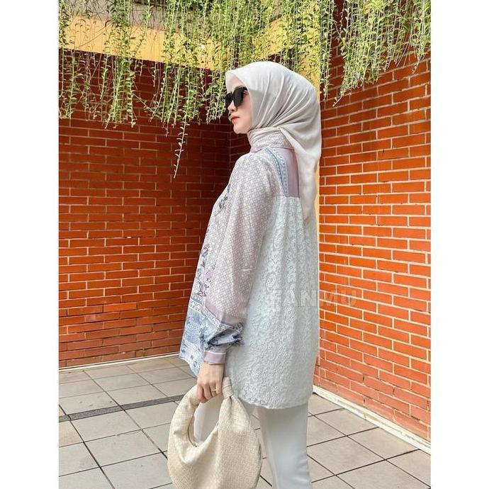 FANMU blouse satin silk premium wanita/kemeja brukat lengan panjang wanita Biru Bunga