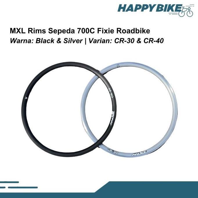 TERBARU Velg MXL Rim Sepeda 700C Fixie Roadbike CR-30 CR-40 V-Brake 32H/36H - Black/Silver - Outdoor