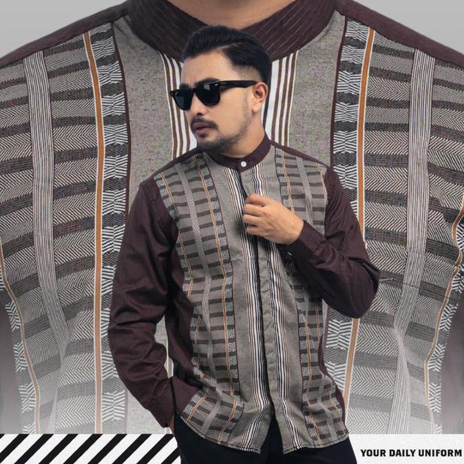 DGM Kemeja Pria Koko Bordir Lengan Panjang Koko Panjang Pria Premium Emboss Koko Coklat Mahogany 011