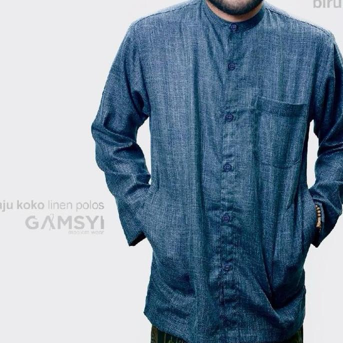 Baju koko linen Gamsyi LMH lengan panjang Polos Kerah Muslim Nyaman Putih Pria Dewasa