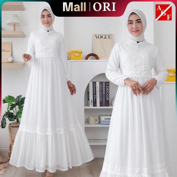 Agnes Hijab - Jihan Dress Gamis Putih Lebaran 2026 Terbaru Gaun Pesta Mewah Simple Elegan Baju Musli