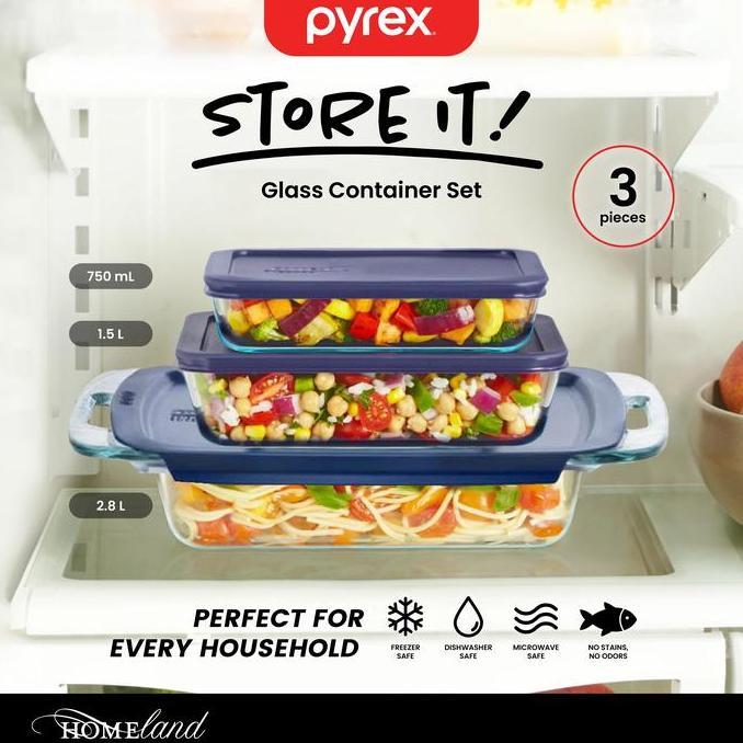 Pyrex Easy Grab Loyang Kaca Dengan Tutup Plastik / Kotak Makan Kaca Kedap Udara Bpa Free