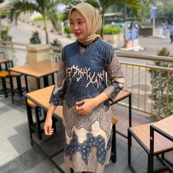 Sale Tunik Qistina Batik Wanita Motif Biru Denim Kombinasi Crem Bahan Katun Halus Nyaman